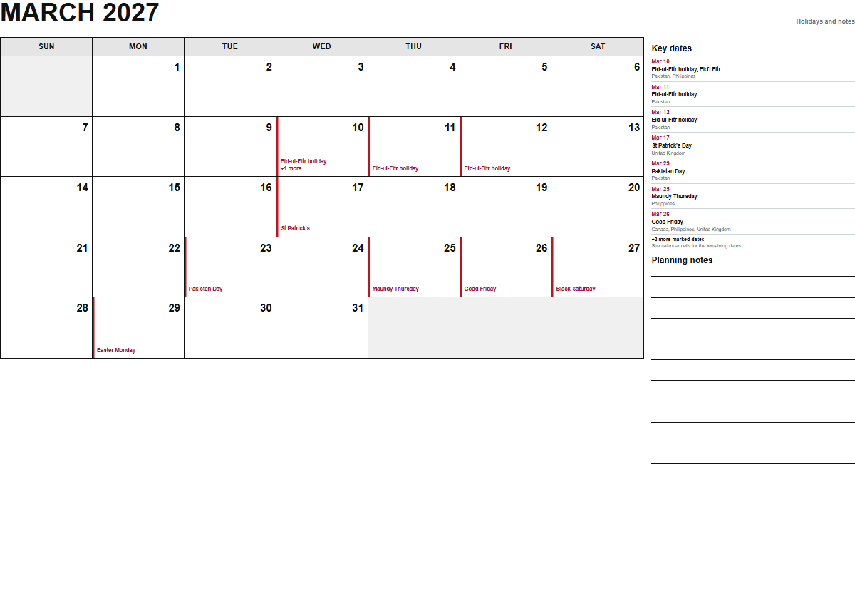 March 2027 calendar with holidays and notes PDF preview