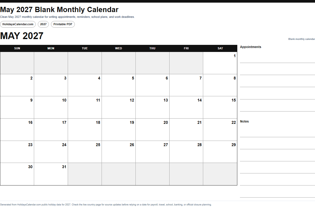 May 2027 blank monthly calendar PDF preview
