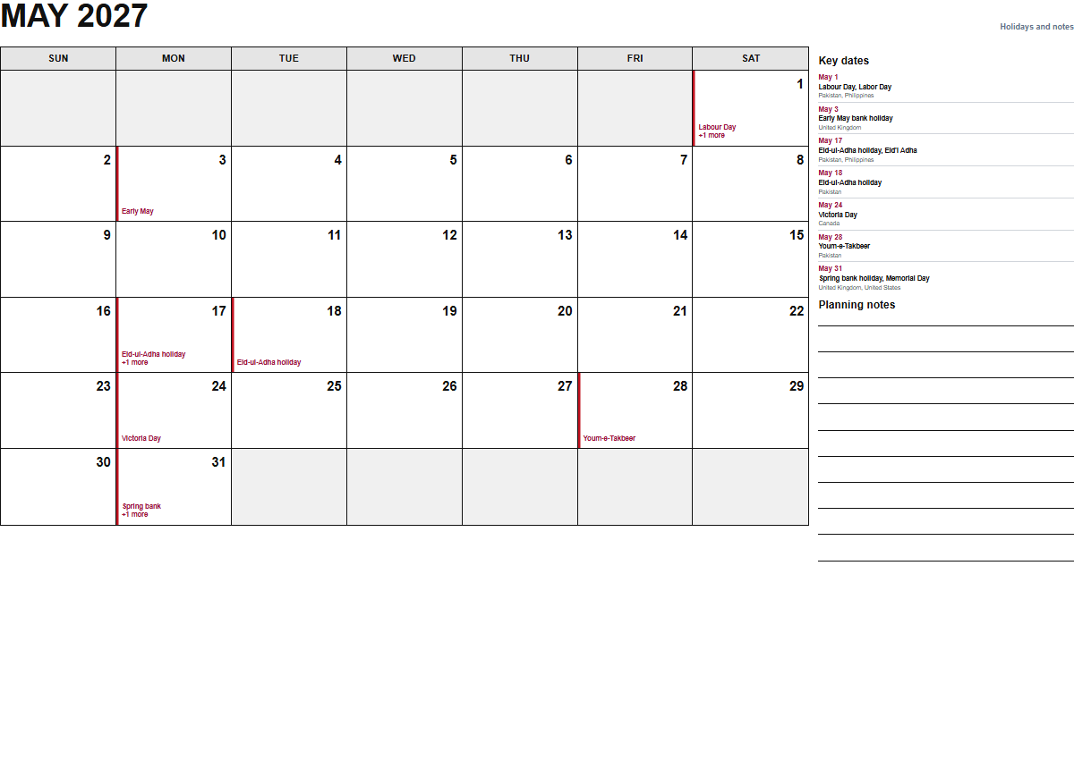May 2027 calendar with holidays and notes PDF preview