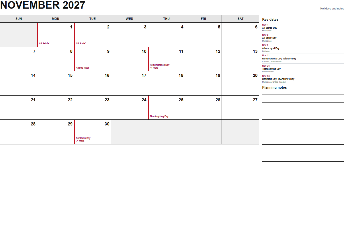 November 2027 calendar with holidays and notes PDF preview