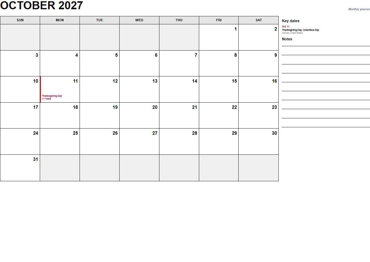 October 2027 monthly planner calendar PDF preview