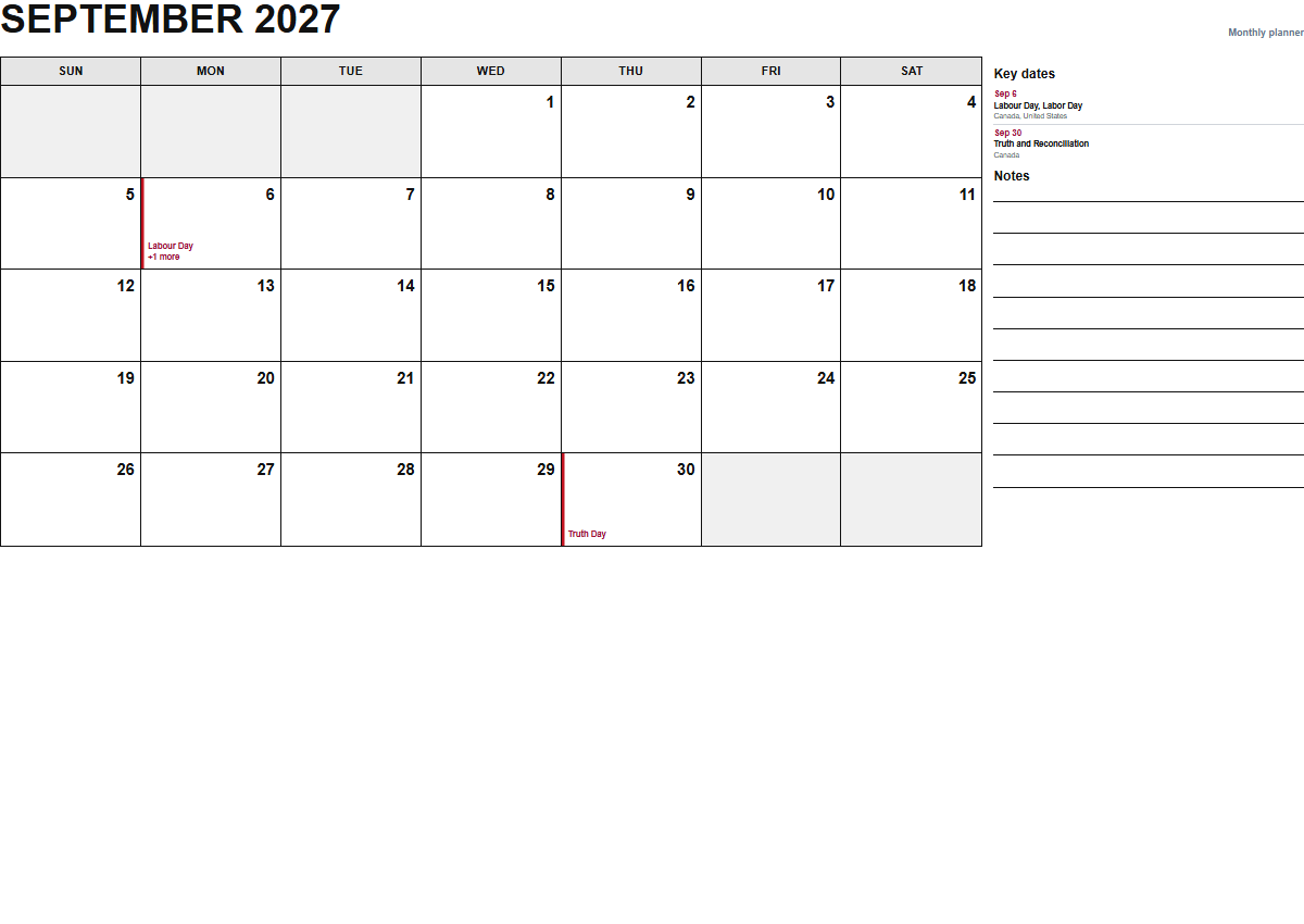 September 2027 monthly planner calendar PDF preview