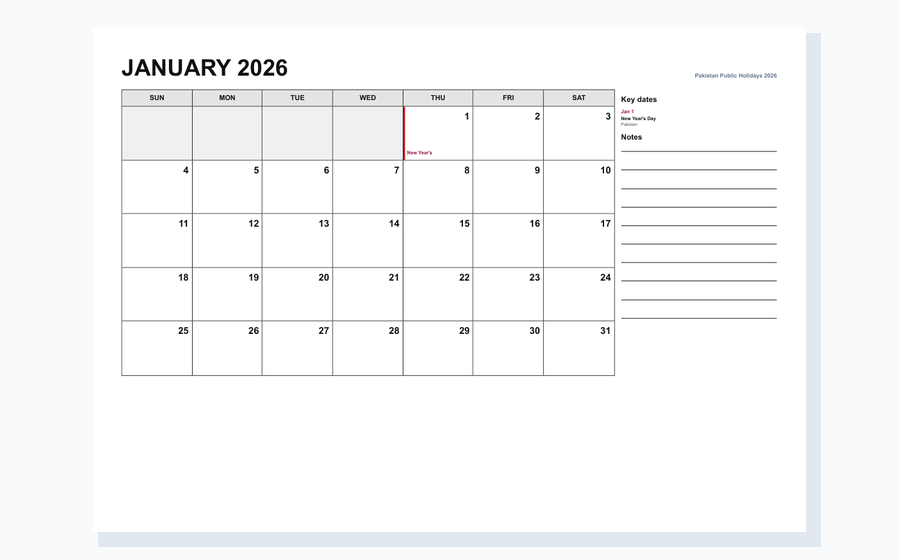 Pakistan 2026 monthly planner calendar PDF preview