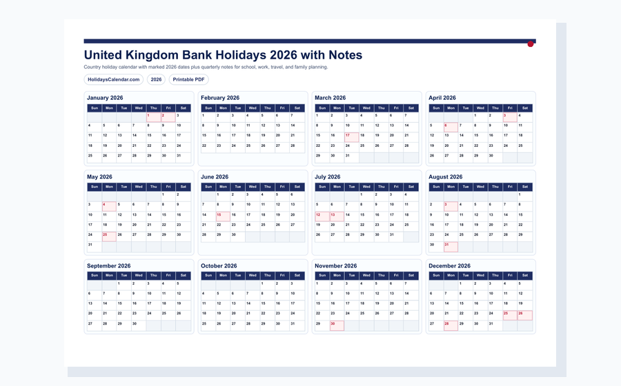 United Kingdom Bank Holidays 2026 with notes PDF preview
