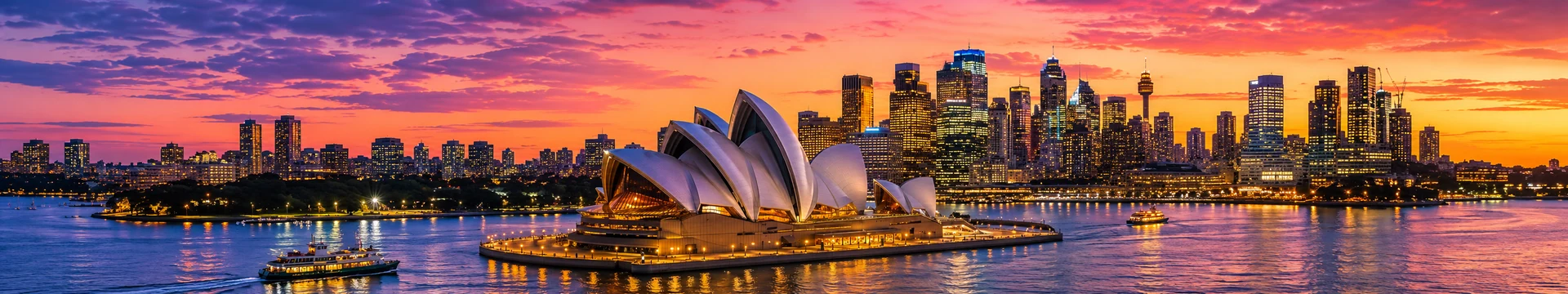 Australia public holidays 2026 calendar banner with Sydney Opera House and the Sydney skyline at sunset