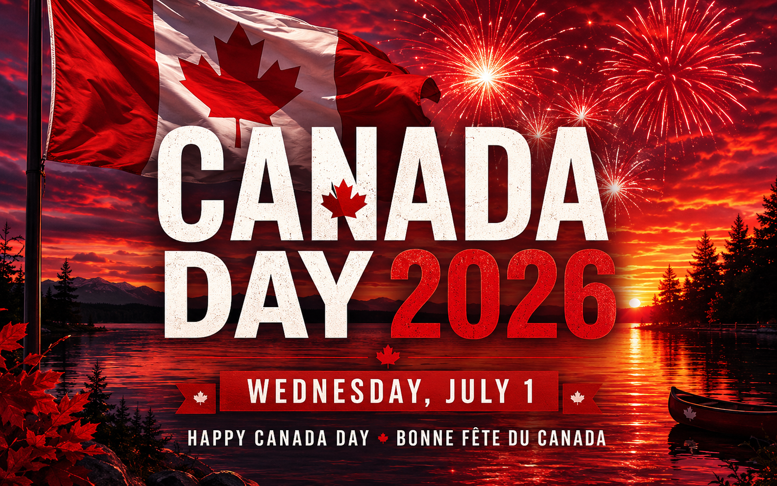 Canada Day 2026 July 1 holiday image with Canadian flag and fireworks