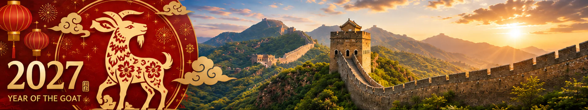 China Public Holidays 2027 banner featuring the Year of the Goat and the Great Wall