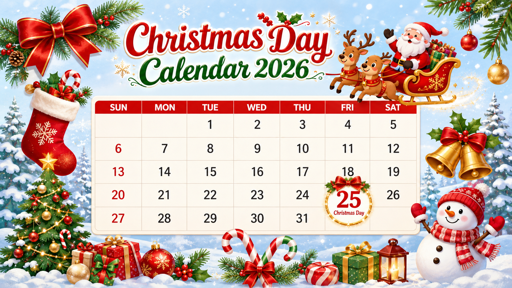 Christmas Day 2026 calendar showing Friday 25 December