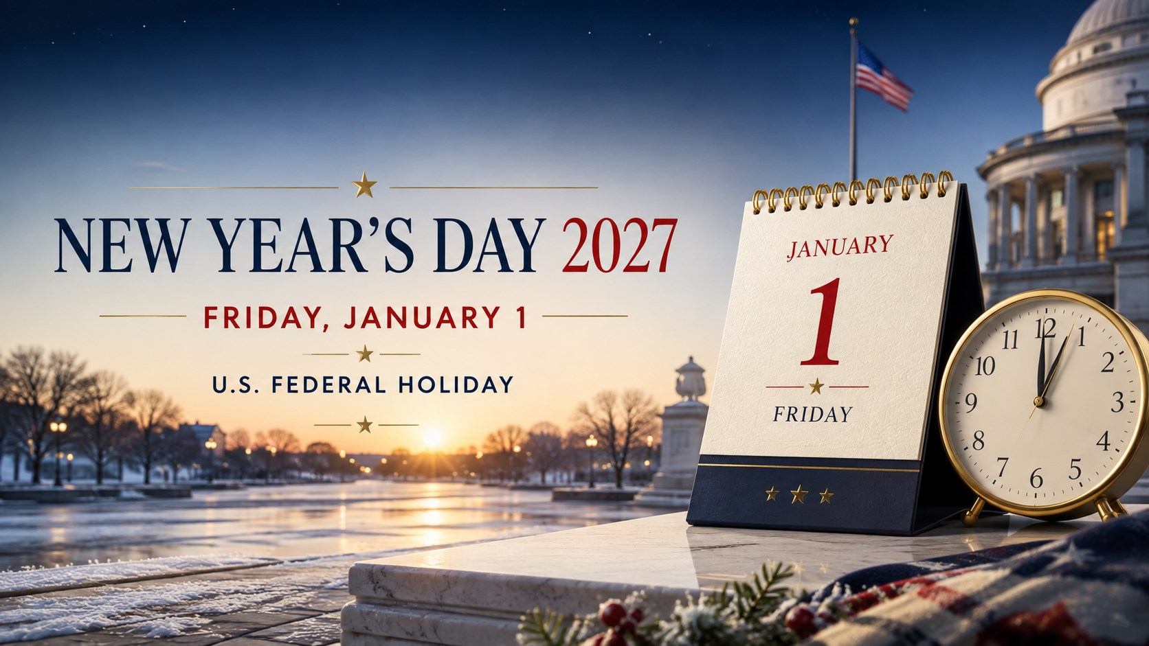 New Year's Day 2027 U.S. federal holiday calendar for Friday, January 1 at winter sunrise