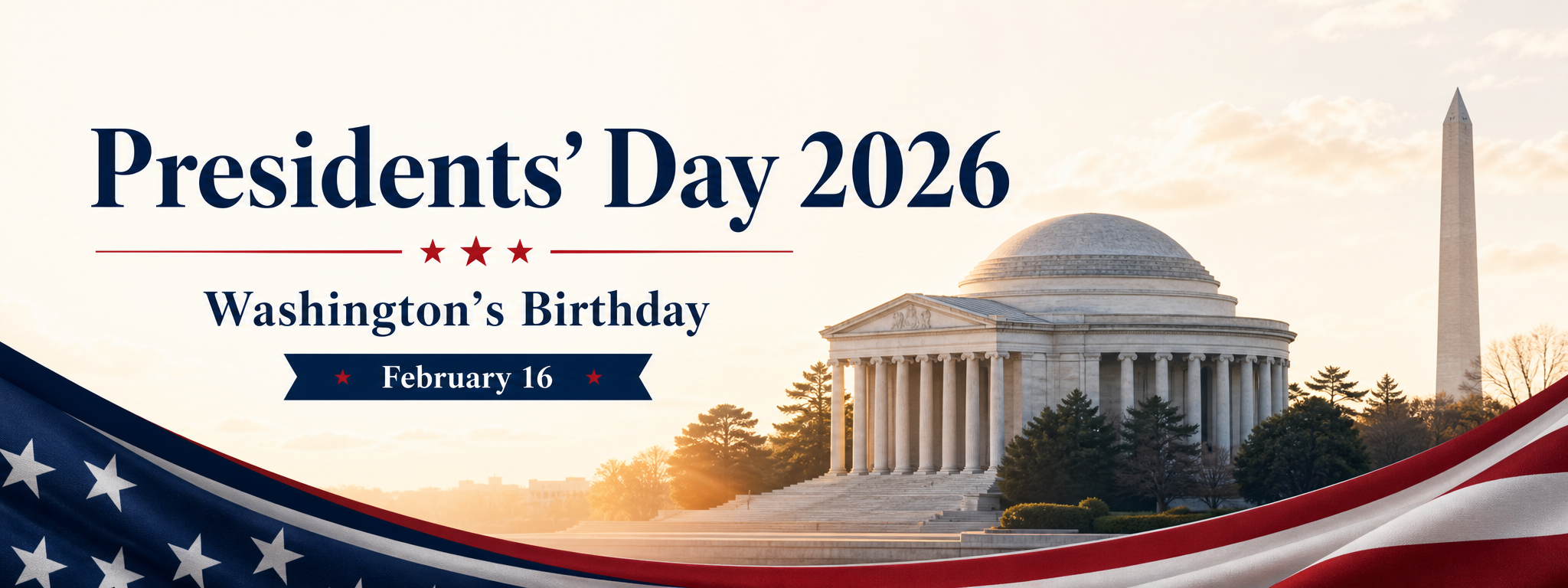 Presidents' Day 2026 Washington's Birthday U.S. federal holiday illustration for United States public holidays