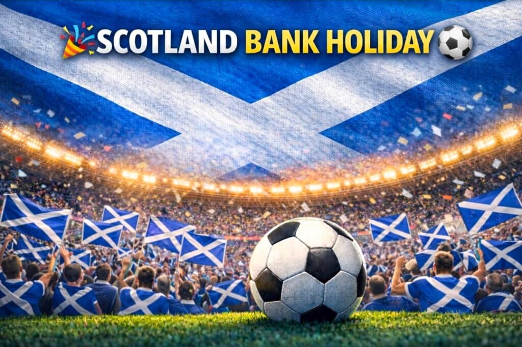 Scotland World Cup Bank Holiday 2026 bank holiday theme image with Scottish flag colours and a football field