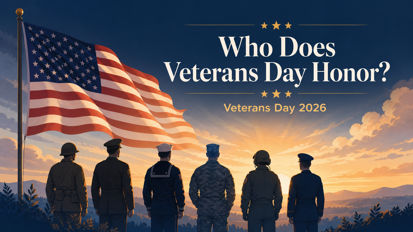 Veterans Day 2026 public holidays image for a U.S. federal holiday asking who Veterans Day honors
