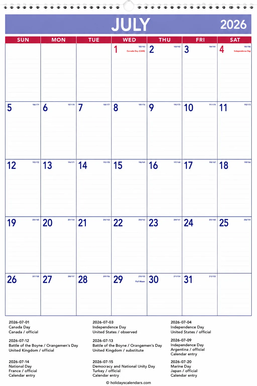 July 2026 global public holidays calendar image