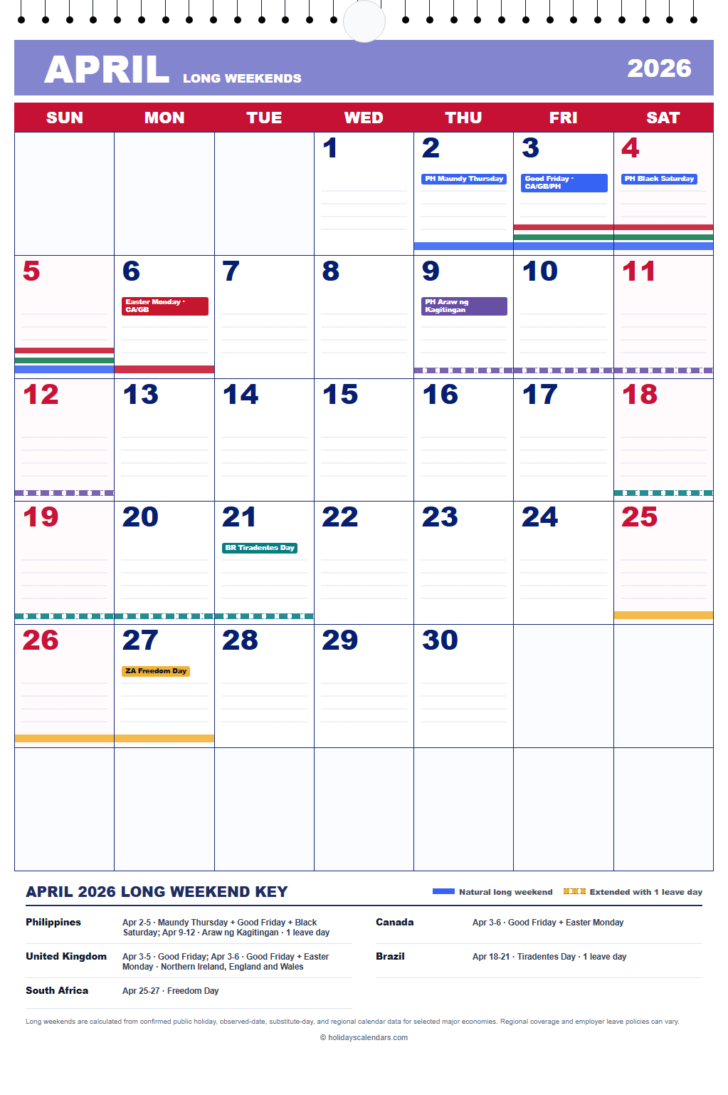 April 2026 Long Weekends Calendar April 2026 calendar marking Holy Week, Araw ng Kagitingan, Tiradentes Day, and Freedom Day weekend dates