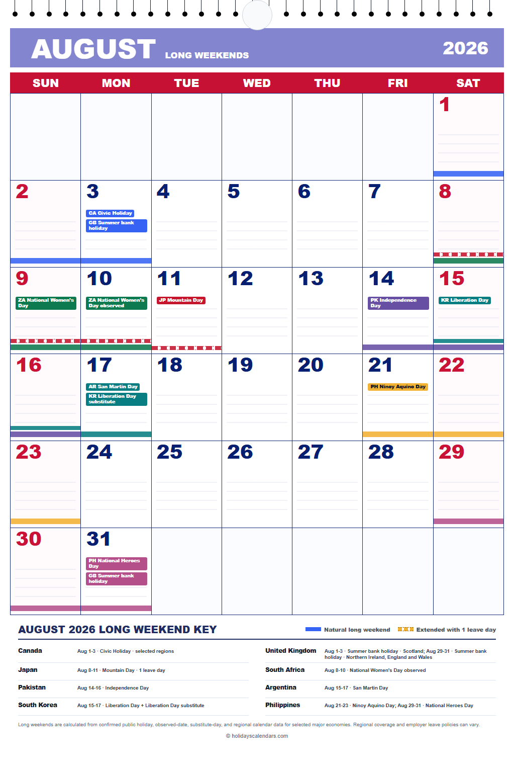 August 2026 Long Weekends Calendar August 2026 calendar marking civic, summer bank, liberation, national, and regional holiday weekends