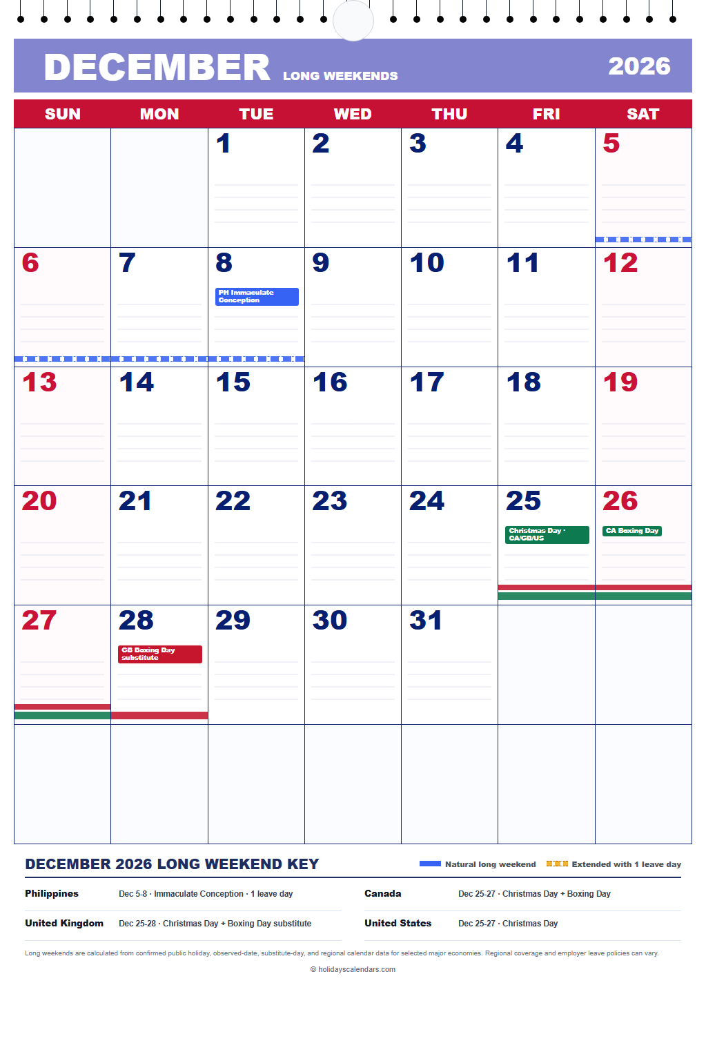 December 2026 Long Weekends Calendar December 2026 calendar marking Christmas, Boxing Day, and Immaculate Conception long weekend dates