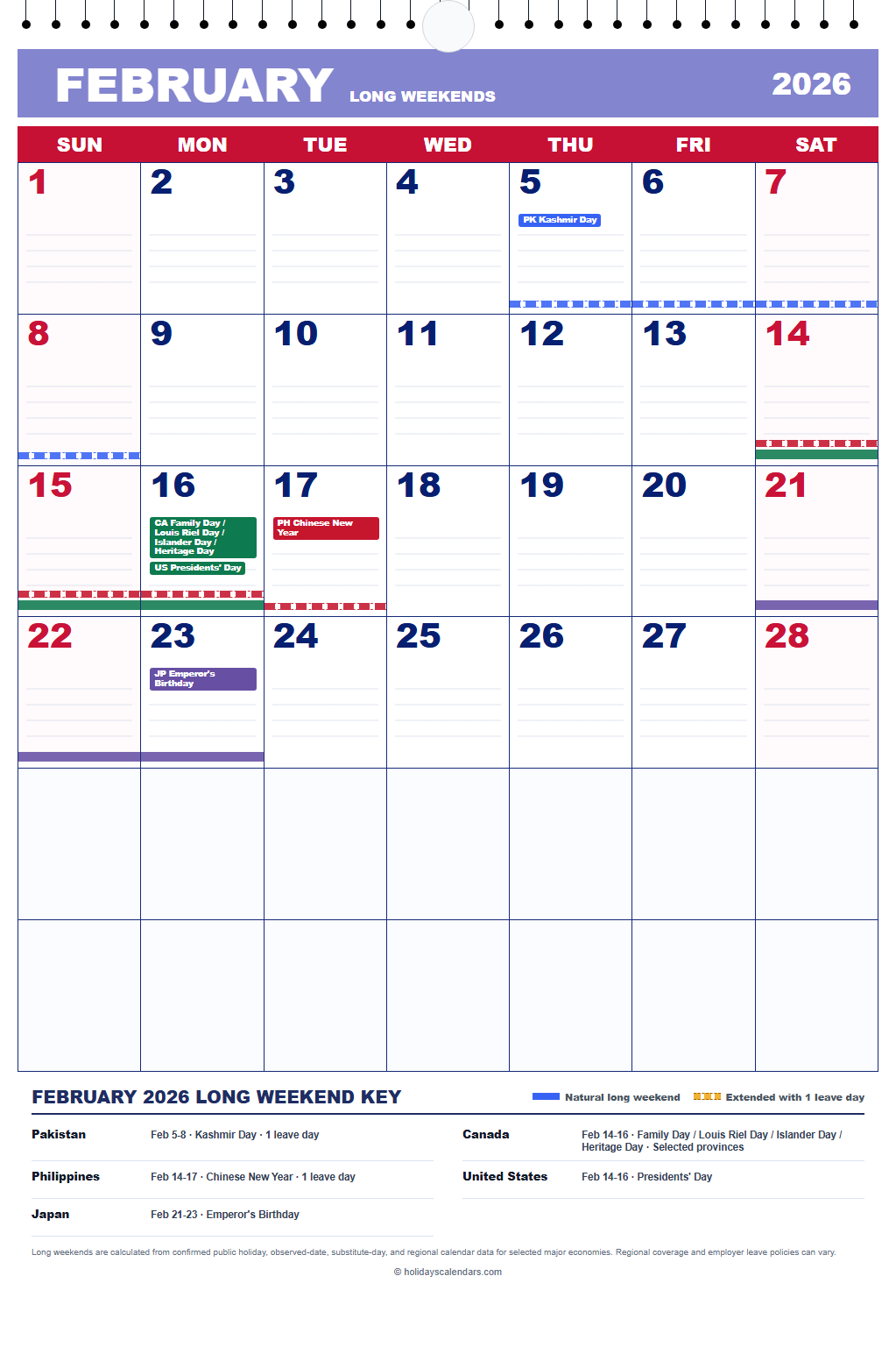 February 2026 Long Weekends Calendar February 2026 calendar marking Family Day, Chinese New Year, Washington's Birthday, Kashmir Day, and Emperor's Birthday