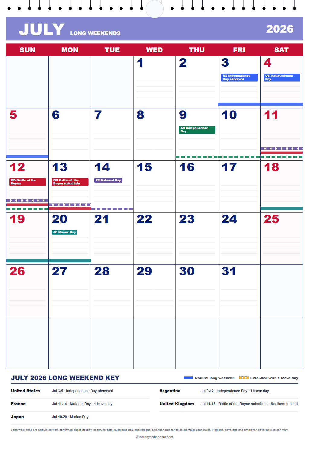 July 2026 Long Weekends Calendar July 2026 calendar marking Independence Day, National Day, Battle of the Boyne, and Marine Day weekends
