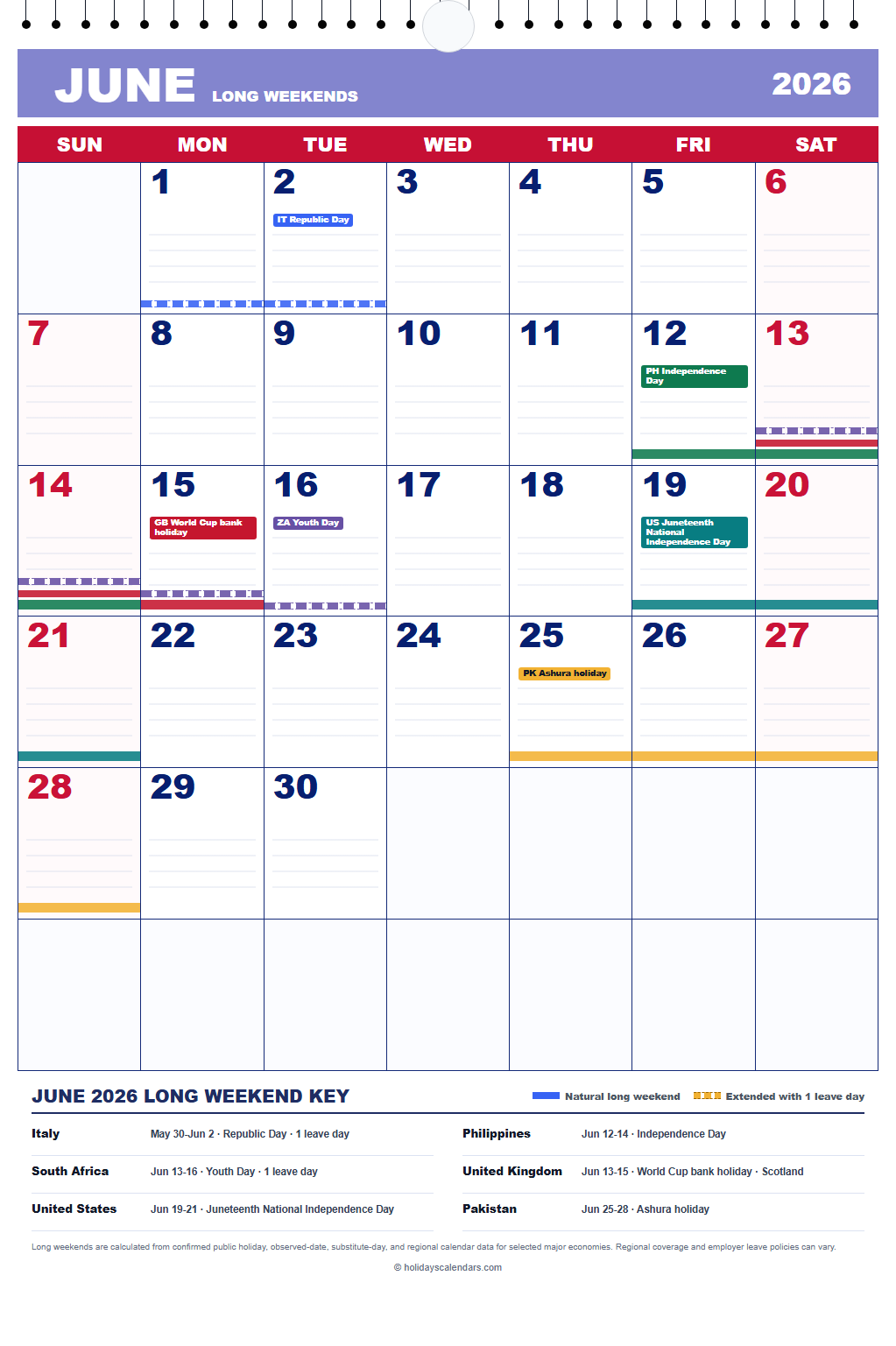 June 2026 Long Weekends Calendar June 2026 calendar marking Juneteenth, Youth Day, Ashura, Republic Day, and independence holiday weekends