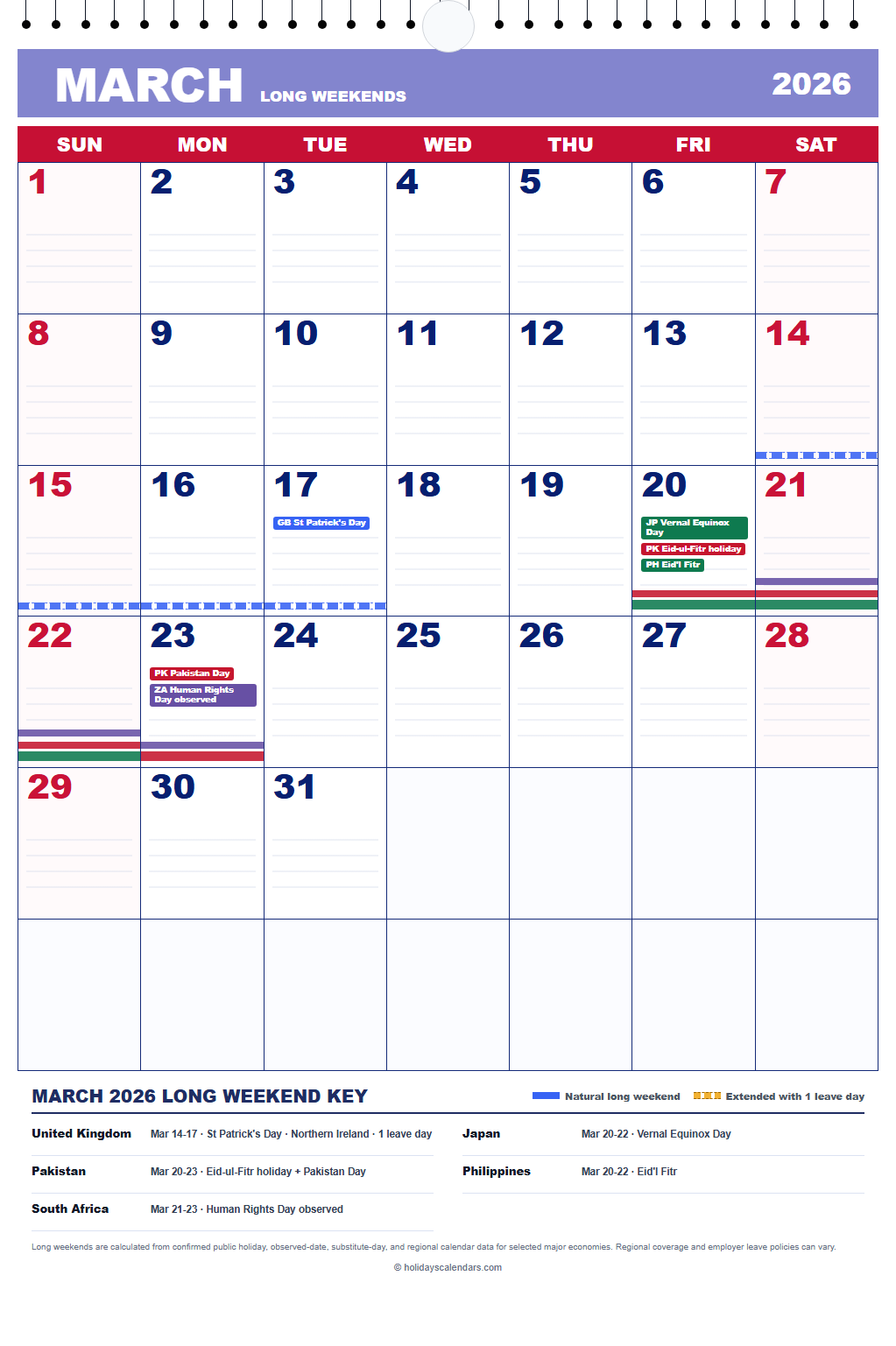 March 2026 Long Weekends Calendar March 2026 calendar marking St Patrick's Day, Eid, Pakistan Day, Human Rights Day, and the vernal equinox