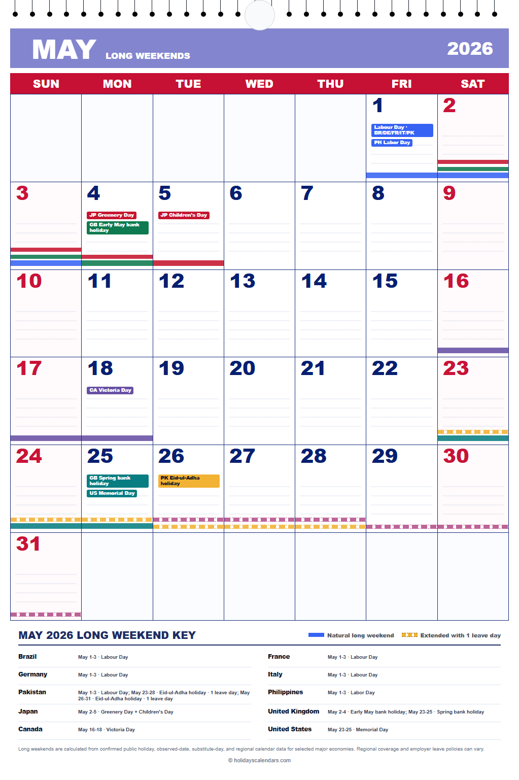 May 2026 Long Weekends Calendar May 2026 calendar marking Labour Day, UK bank holidays, Victoria Day, Eid al-Adha, and Memorial Day