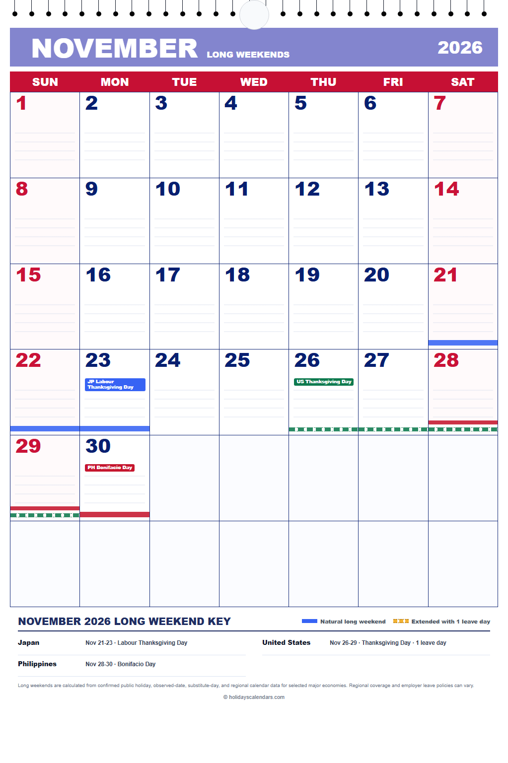 November 2026 Long Weekends Calendar November 2026 calendar marking Labour Thanksgiving Day, United States Thanksgiving, and Bonifacio Day
