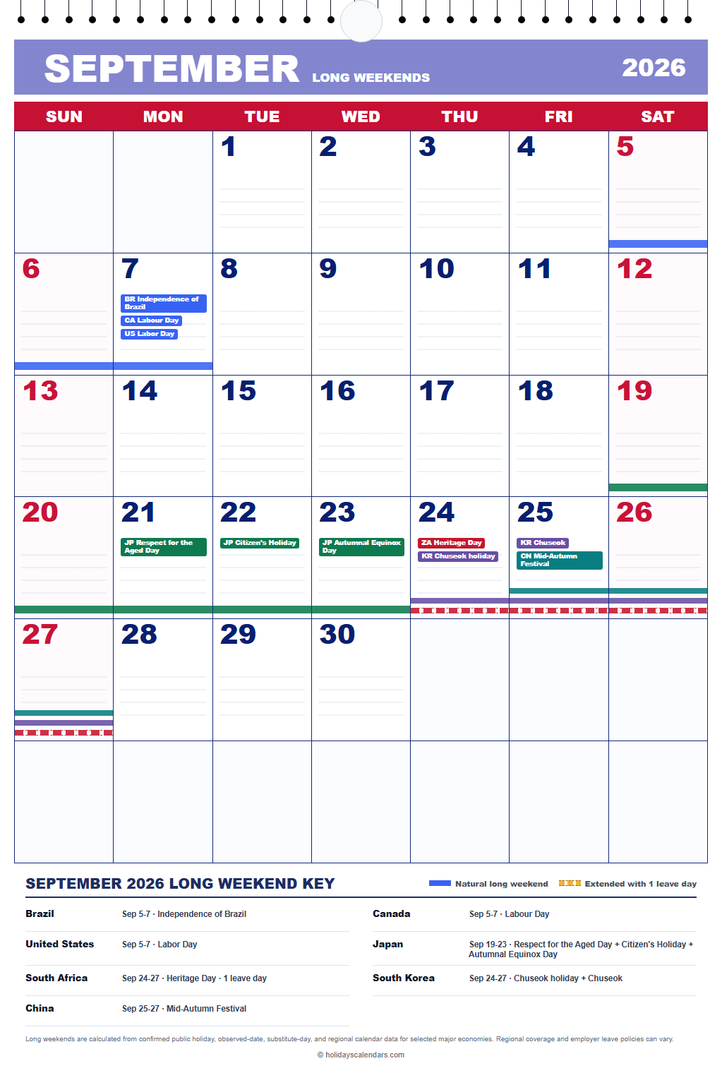 September 2026 Long Weekends Calendar September 2026 calendar marking Labour Day, Chuseok, Mid-Autumn Festival, Heritage Day, and independence dates