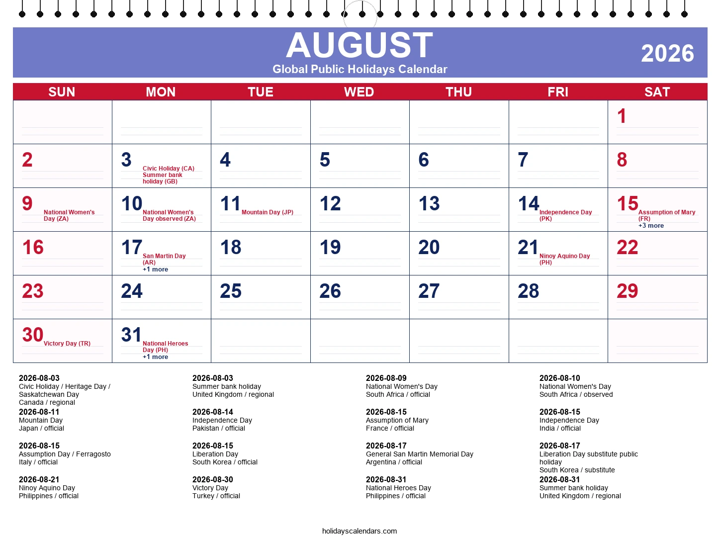 Public Holidays In August 2026 Global Calendar Dates