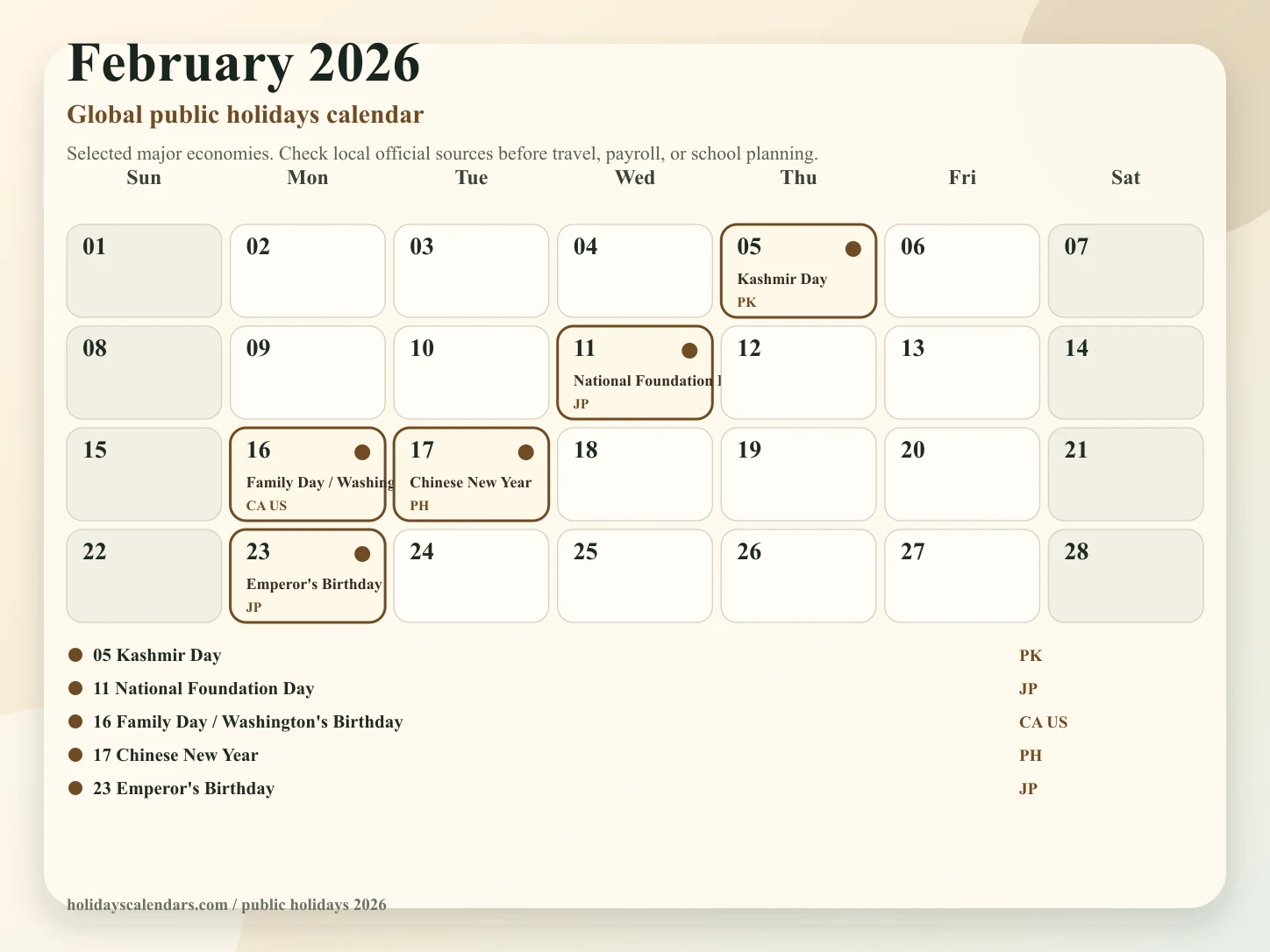 February 2026 global public holidays calendar image with selected major economy holidays marked