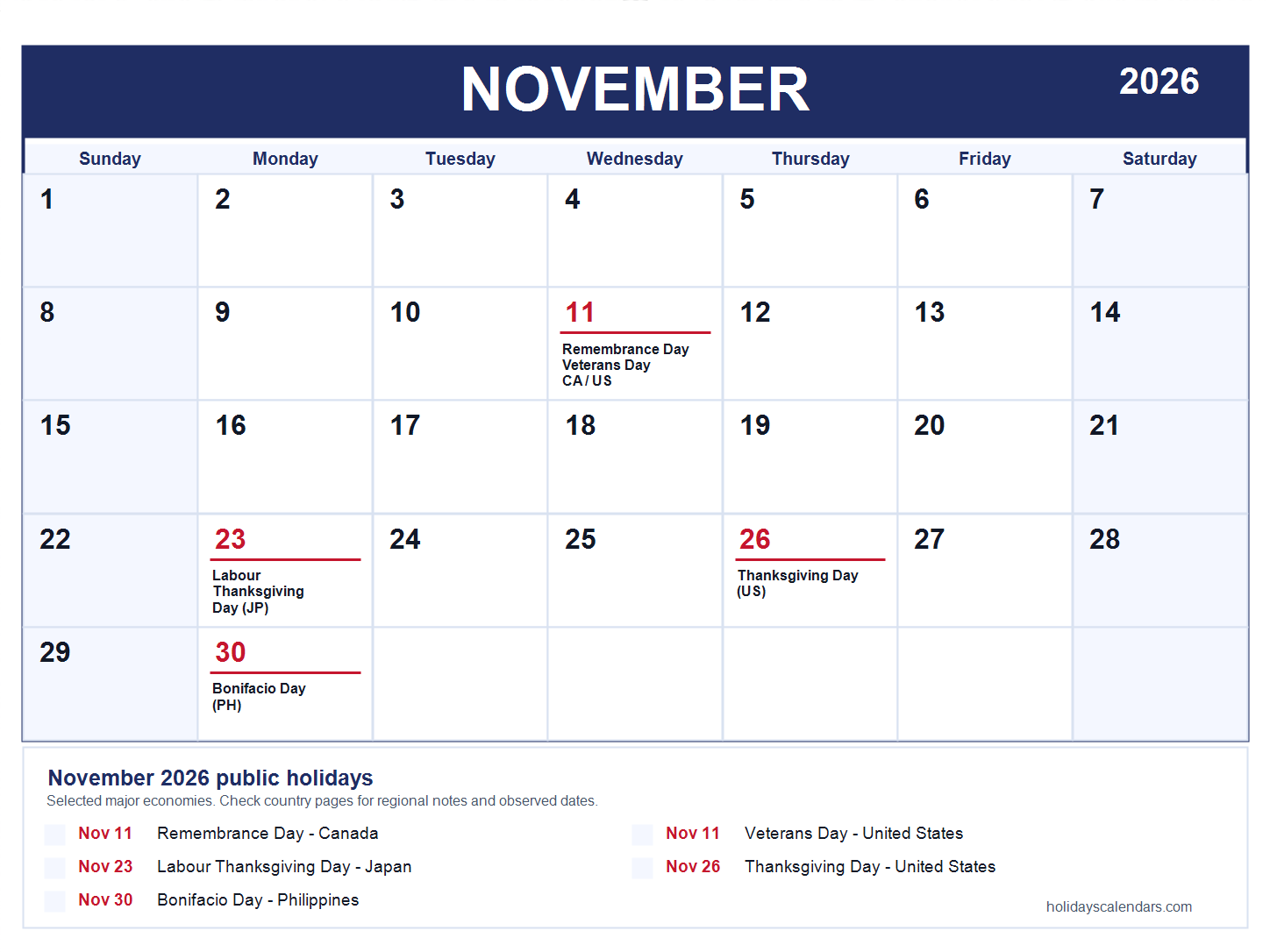 November 2026 global public holidays calendar image with selected major economy holidays marked