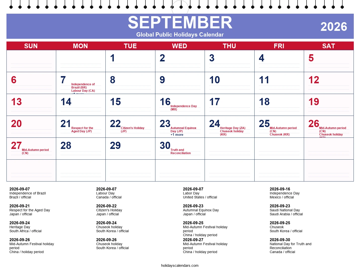 September 2026 global public holidays calendar image with selected major economy holidays marked