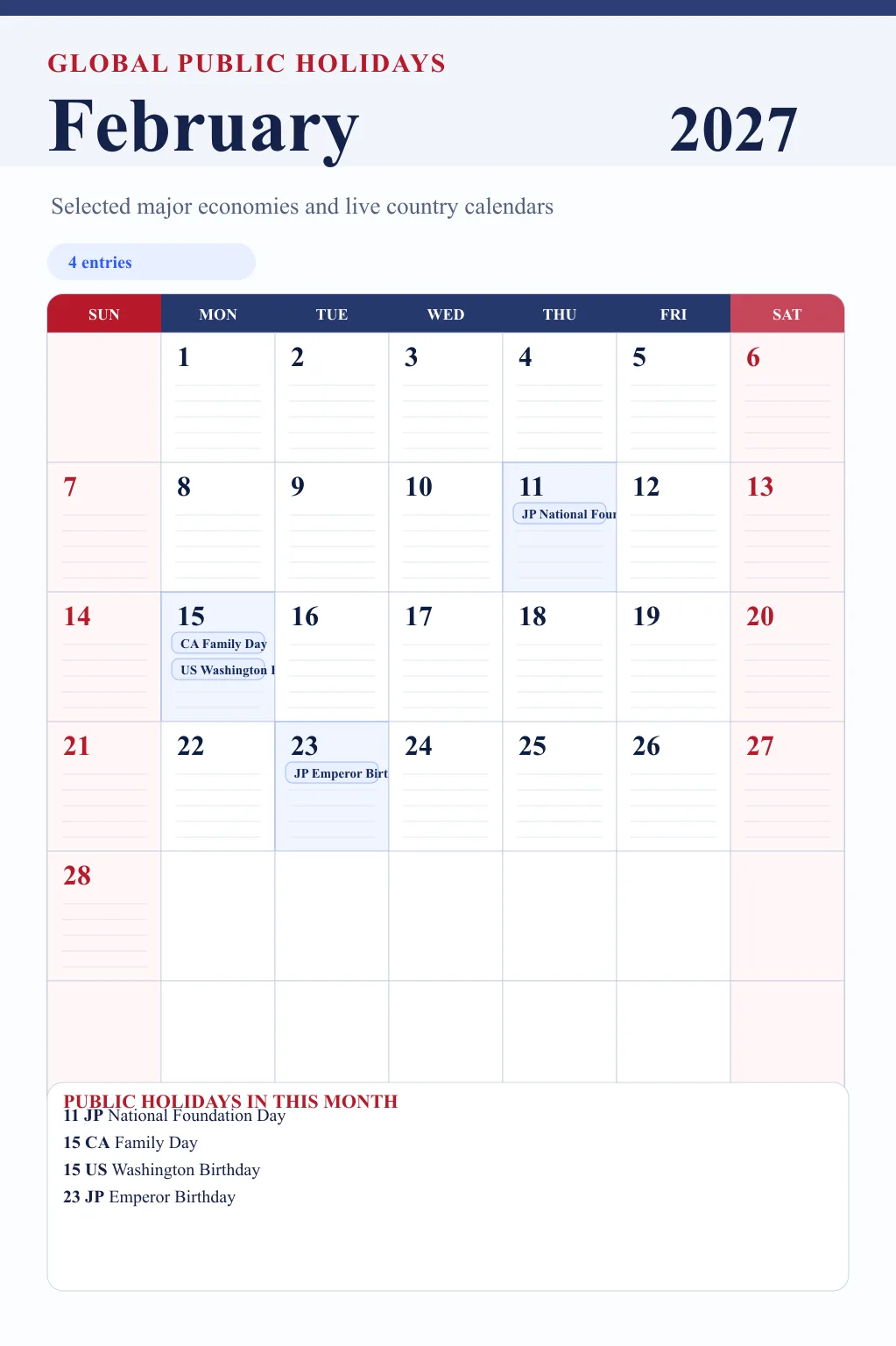 February 2027 global public holidays calendar image with selected major economy holidays marked