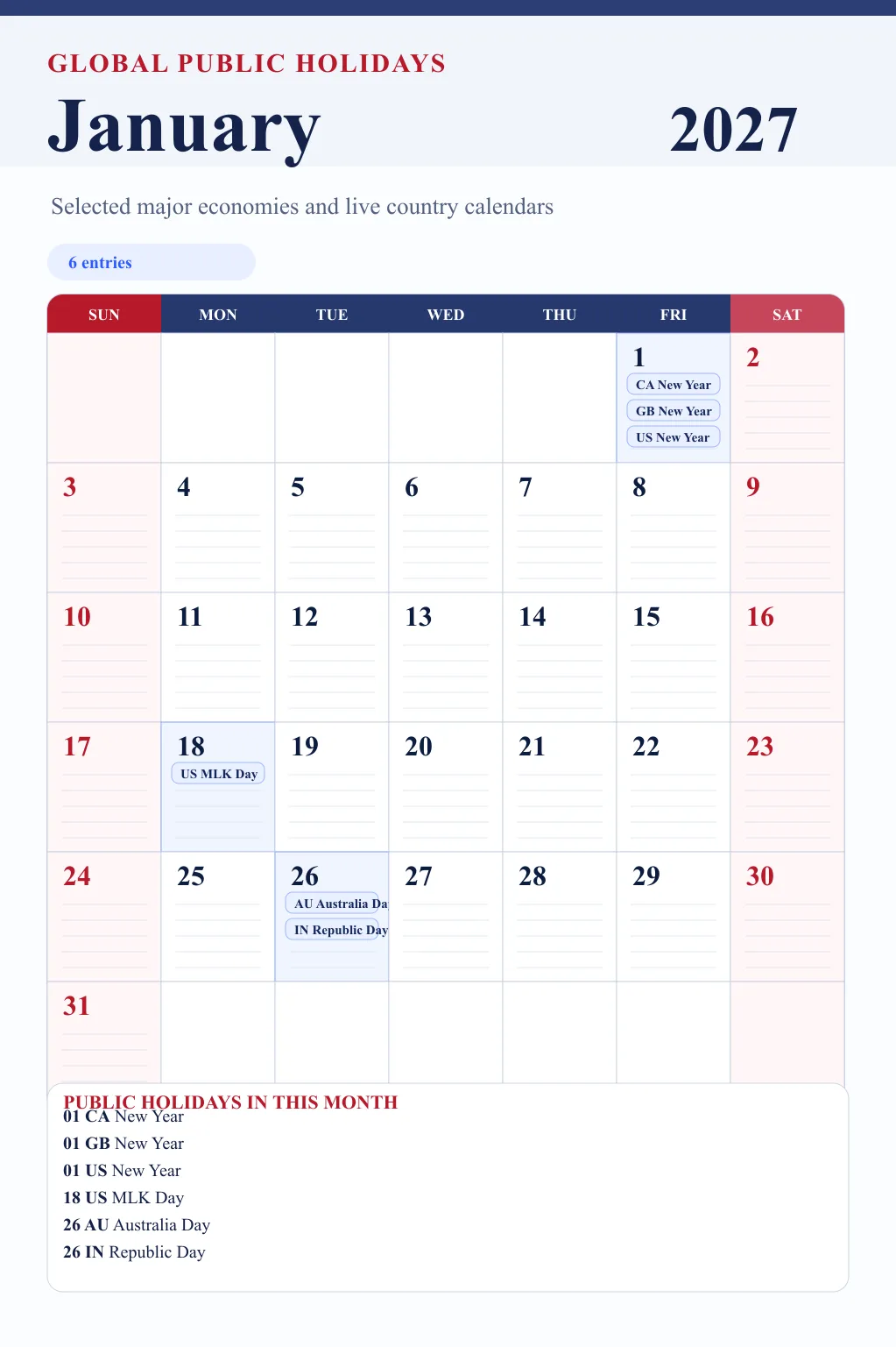 January 2027 global public holidays calendar image with selected major economy holidays marked