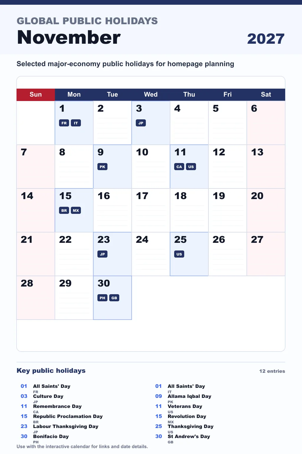 November 2027 global public holidays calendar image with selected major economy holidays marked