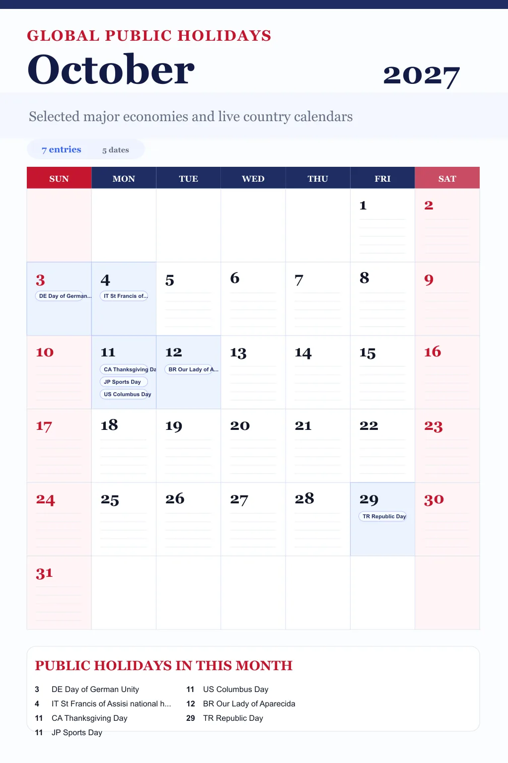 October 2027 global public holidays calendar image with selected major economy holidays marked