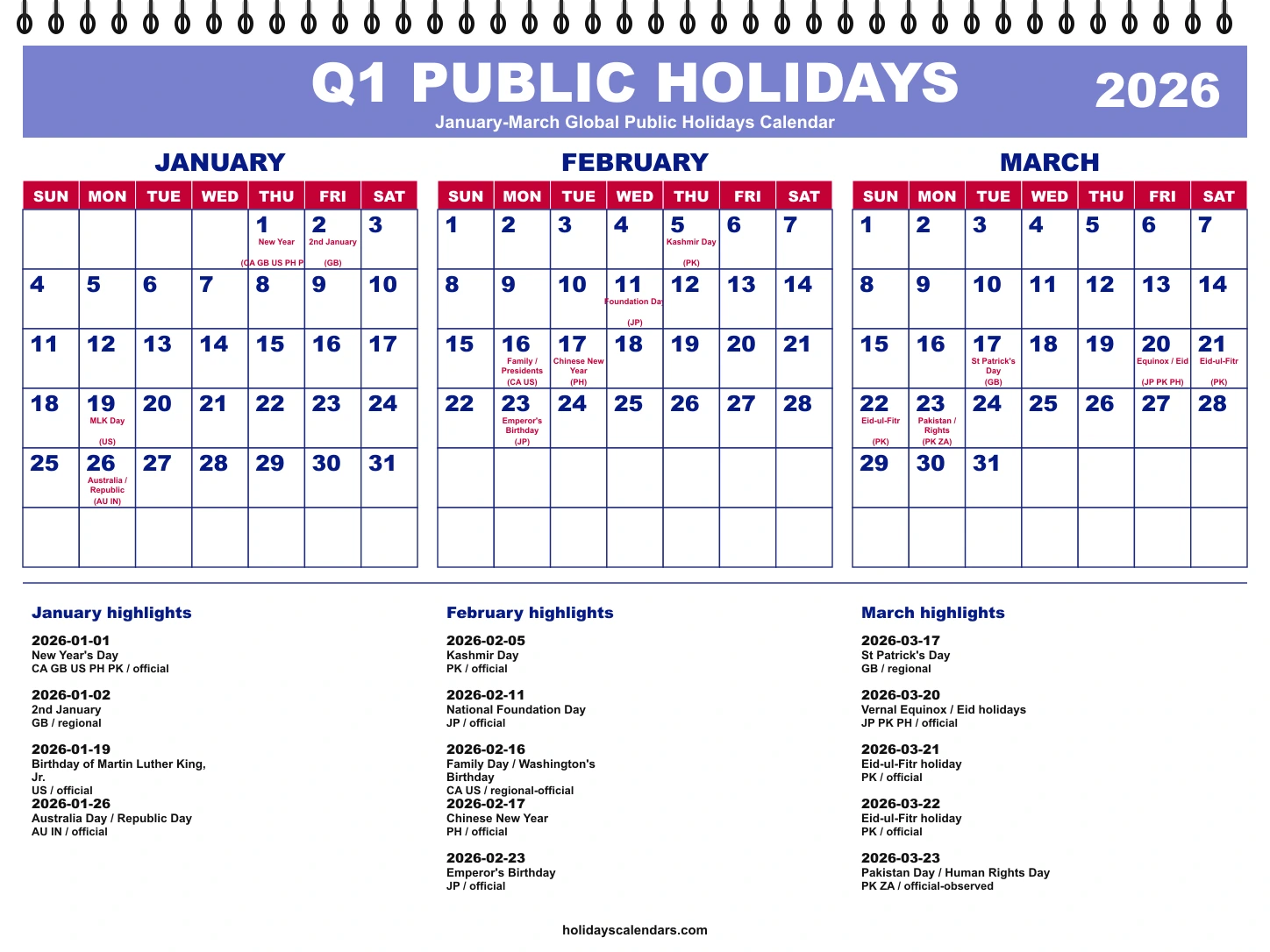 January-March 2026 global public holidays quarterly calendar image with selected major economy holidays marked