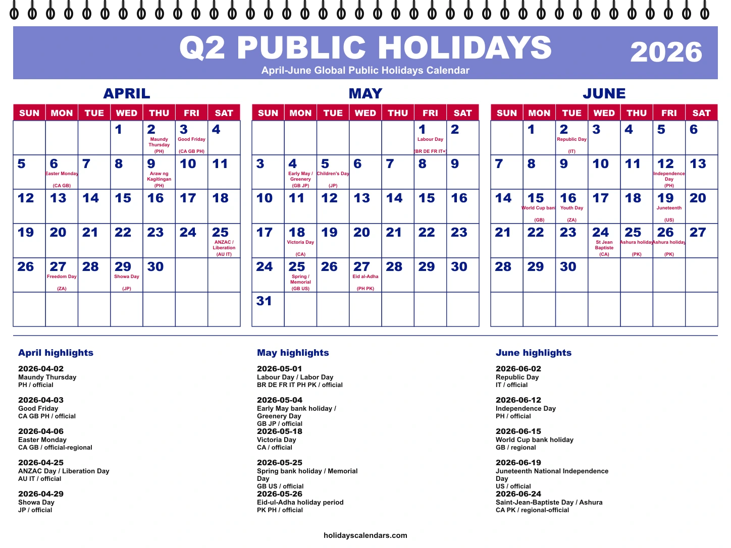 April-June 2026 global public holidays quarterly calendar image with selected major economy holidays marked