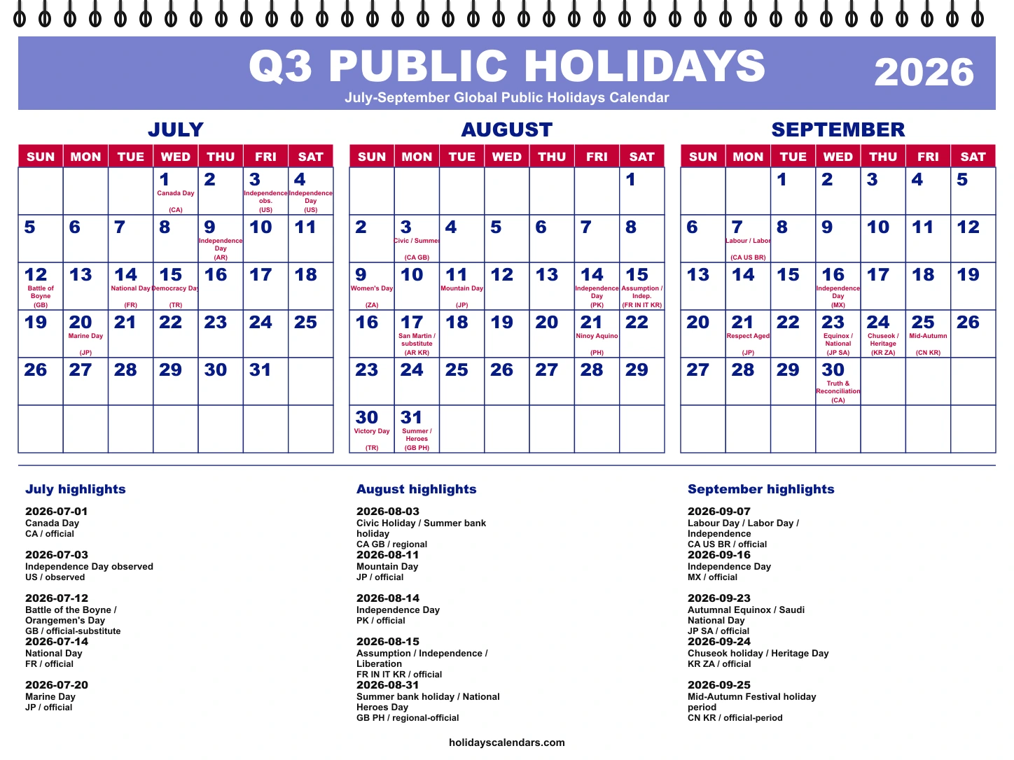July-September 2026 global public holidays quarterly calendar image with selected major economy holidays marked