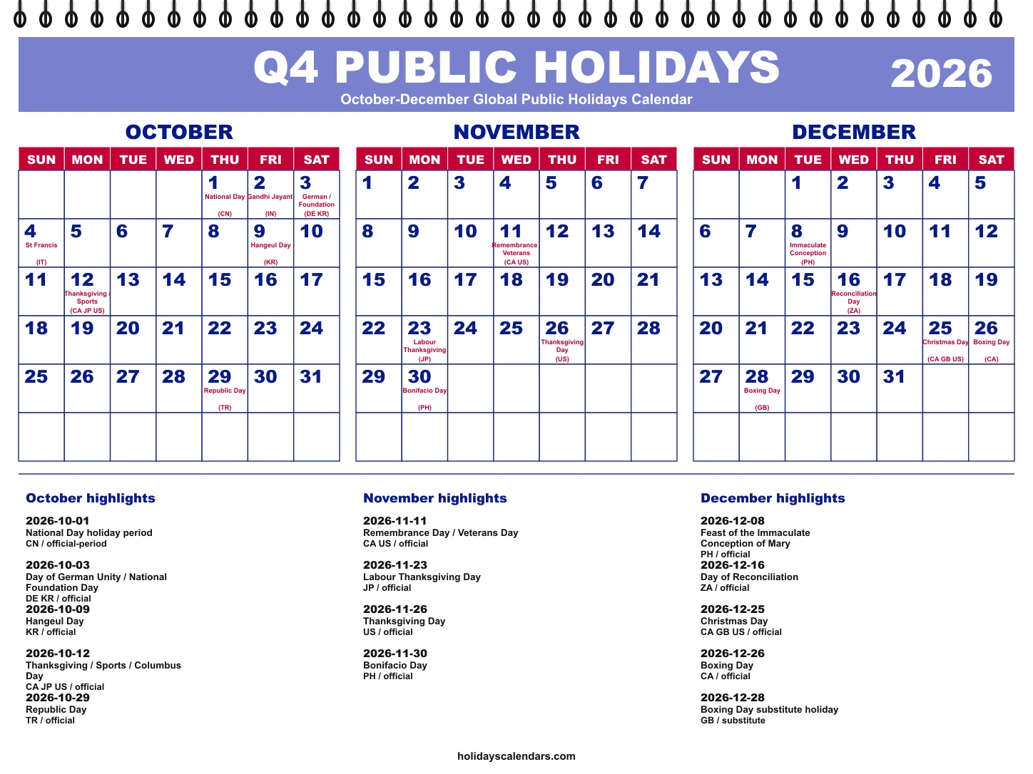 October-December 2026 global public holidays quarterly calendar image with selected major economy holidays marked