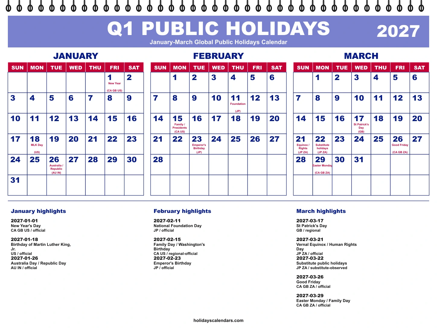 January-March 2027 global public holidays quarterly calendar image with selected major economy holidays marked
