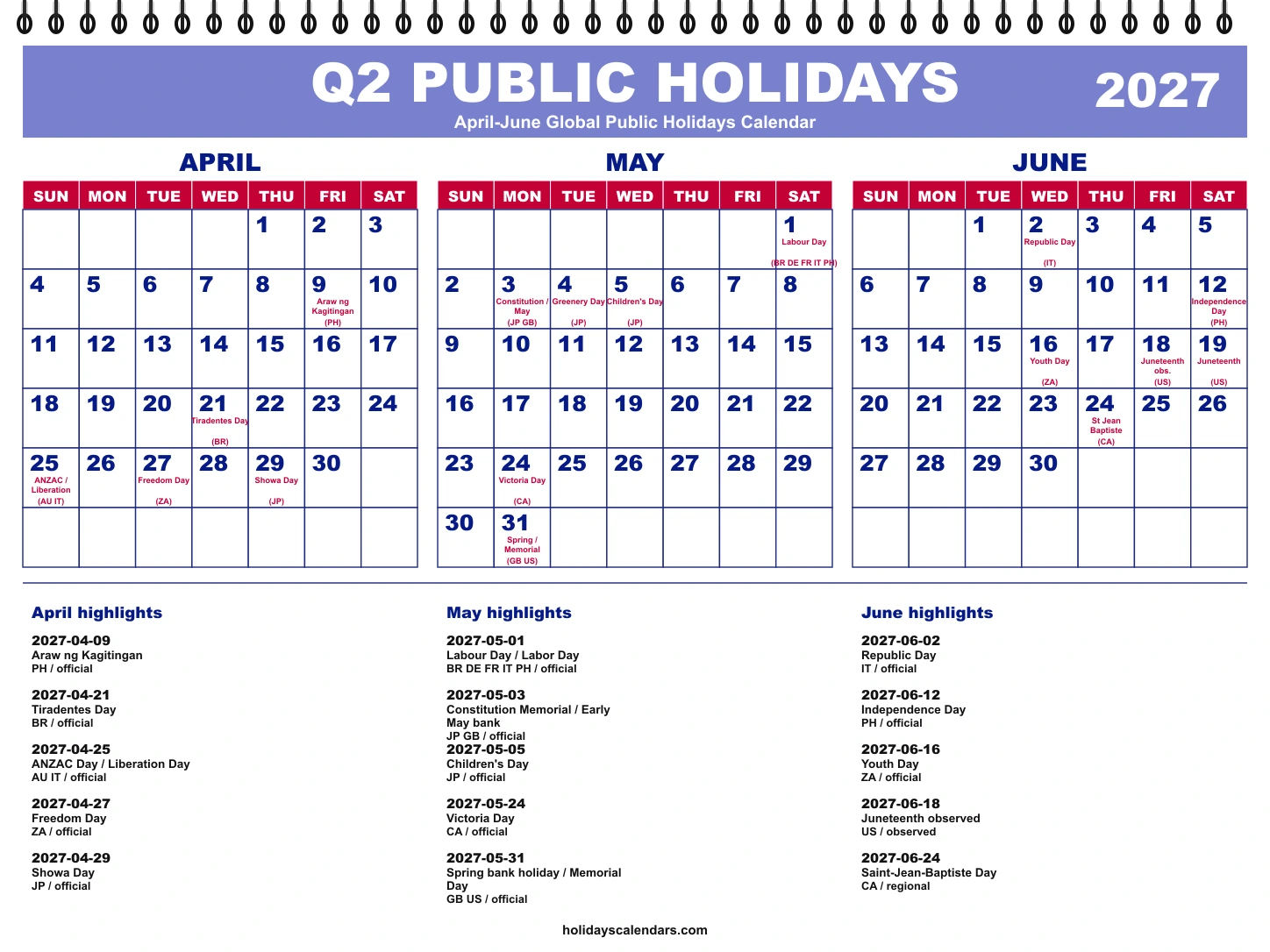 April-June 2027 global public holidays quarterly calendar image with selected major economy holidays marked